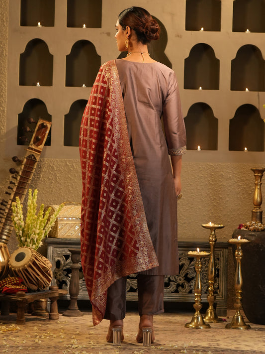 Maroon Embroidered Straight Kurta Trousers With Dupatta Set