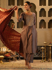 Maroon Embroidered Straight Kurta Trousers With Dupatta Set