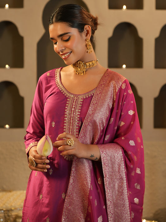 Blue Embroidered Straight Kurta Trousers With Dupatta Set