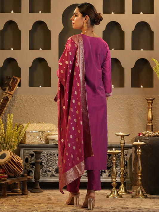 Blue Embroidered Straight Kurta Trousers With Dupatta Set