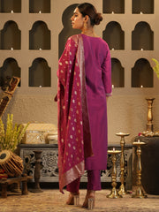 Blue Embroidered Straight Kurta Trousers With Dupatta Set