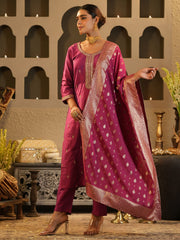 Blue Embroidered Straight Kurta Trousers With Dupatta Set