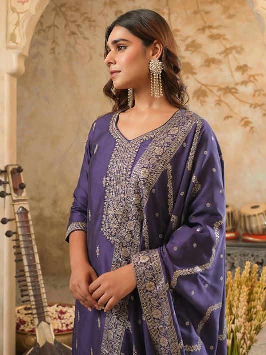 Teal Embroidered Straight Kurta Trousers With Dupatta Set