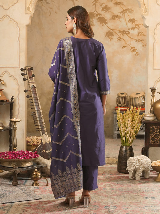 Teal Embroidered Straight Kurta Trousers With Dupatta Set