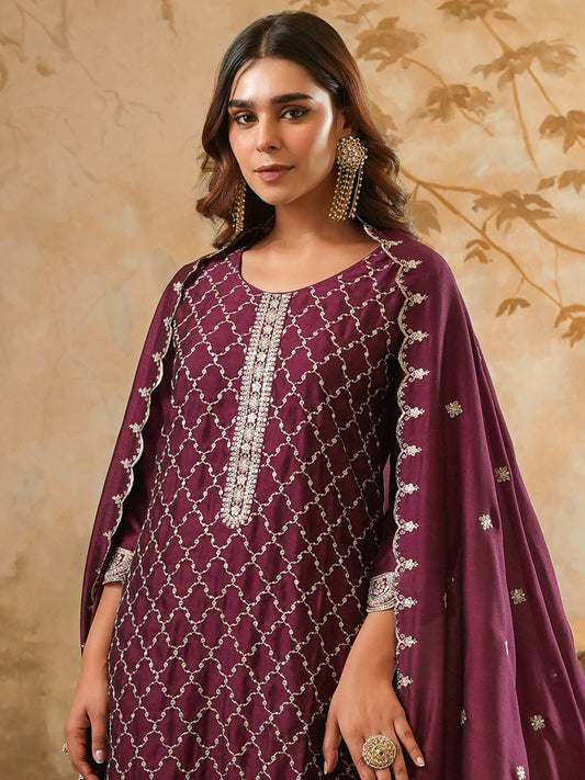 Embroidered Straight Kurta Trousers With Dupatta Set