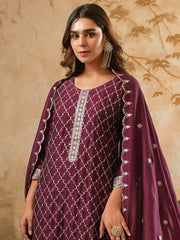 Embroidered Straight Kurta Trousers With Dupatta Set