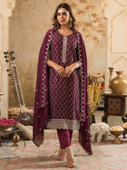 Embroidered Straight Kurta Trousers With Dupatta Set