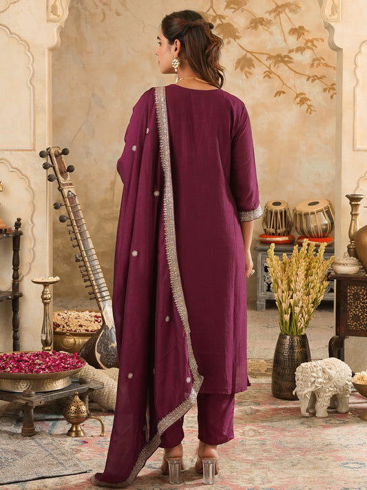 Embroidered Straight Kurta Trousers With Dupatta Set
