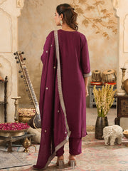 Embroidered Straight Kurta Trousers With Dupatta Set