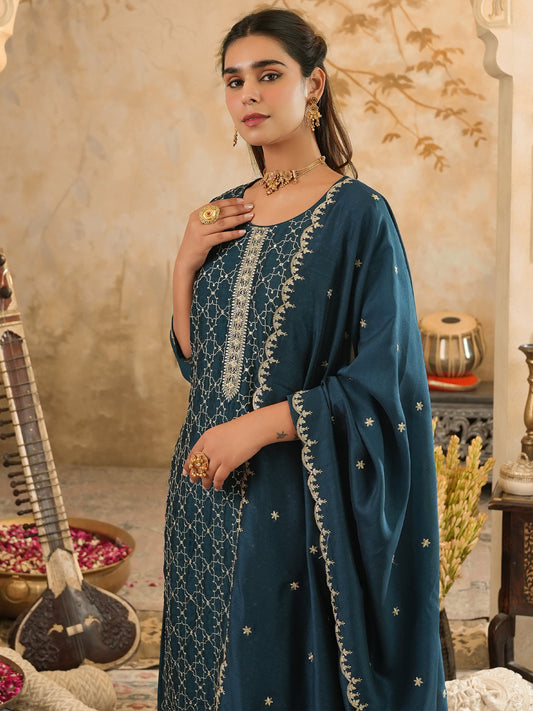 Yellow Embroidered Straight Kurta Trousers With Dupatta Set