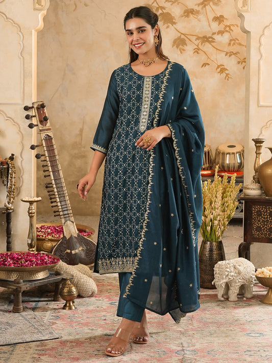Embroidered Straight Kurta Trousers With Dupatta Set