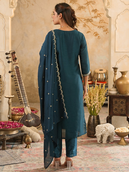 Yellow Embroidered Straight Kurta Trousers With Dupatta Set
