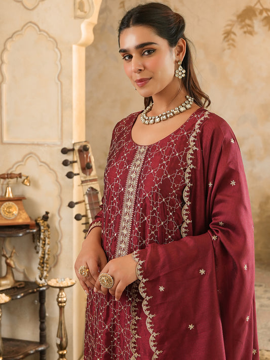Maroon Embroidered Straight Kurta Trousers With Dupatta Set