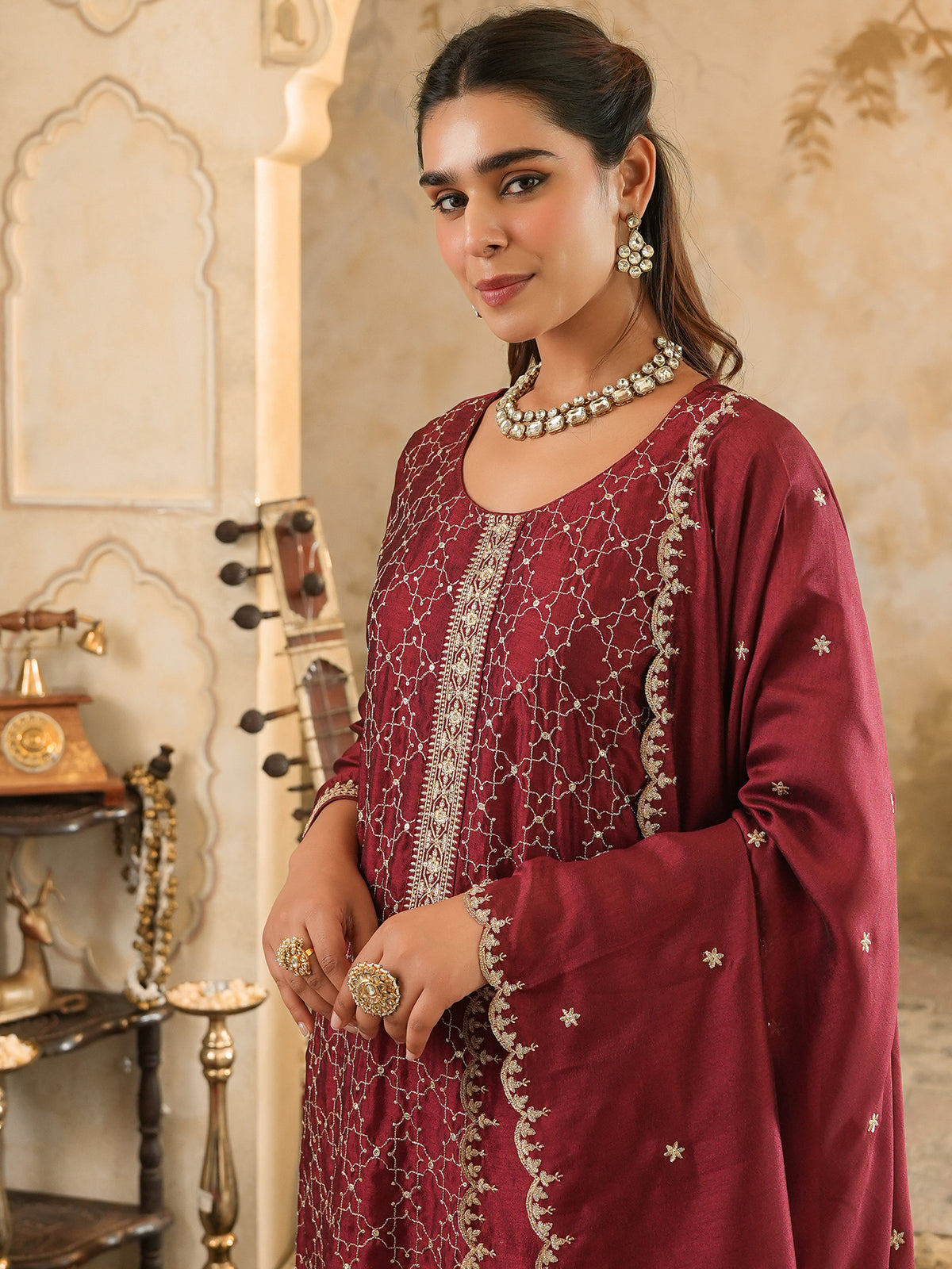 Burgundy Embroidered Straight Kurta Trousers With Dupatta Set