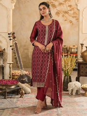 Burgundy Embroidered Straight Kurta Trousers With Dupatta Set