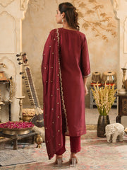 Burgundy Embroidered Straight Kurta Trousers With Dupatta Set