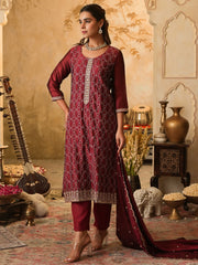 Burgundy Embroidered Straight Kurta Trousers With Dupatta Set