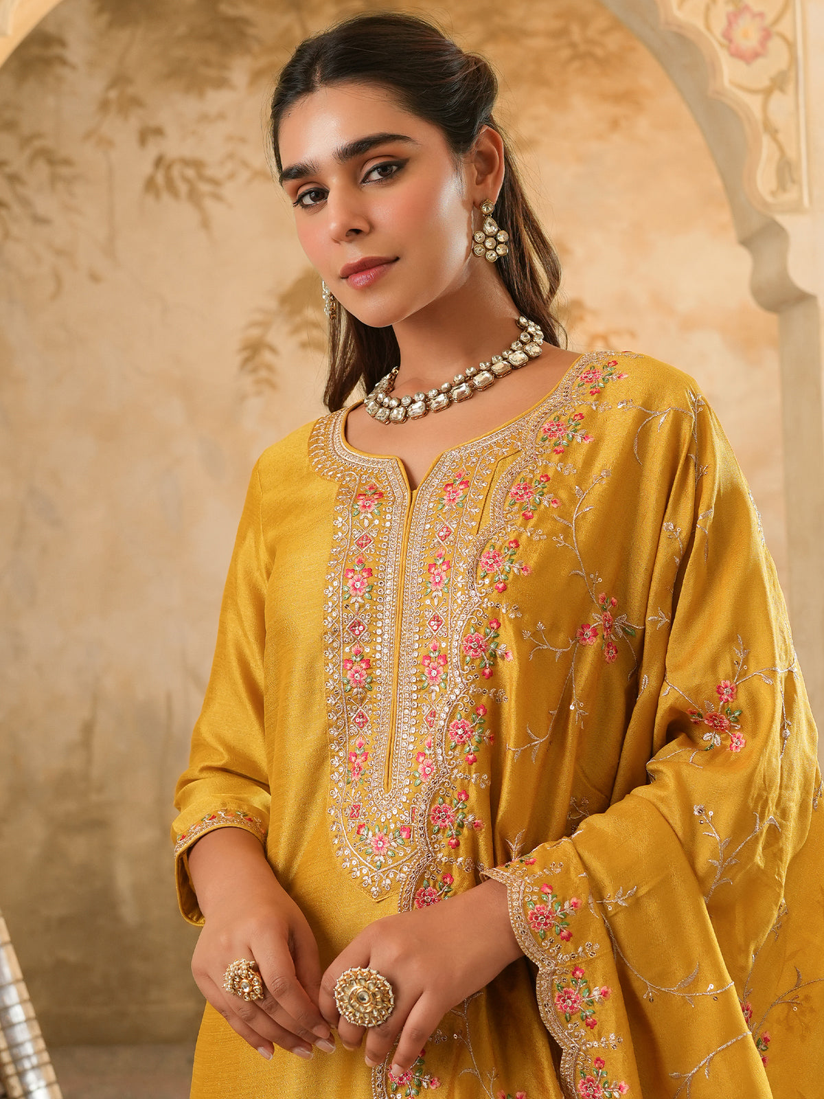 Green Embroidered Straight Kurta Trousers With Dupatta Set