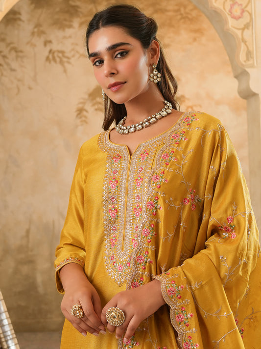 Green Embroidered Straight Kurta Trousers With Dupatta Set
