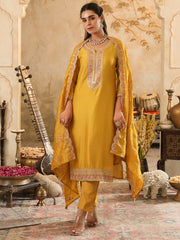 Green Embroidered Straight Kurta Trousers With Dupatta Set