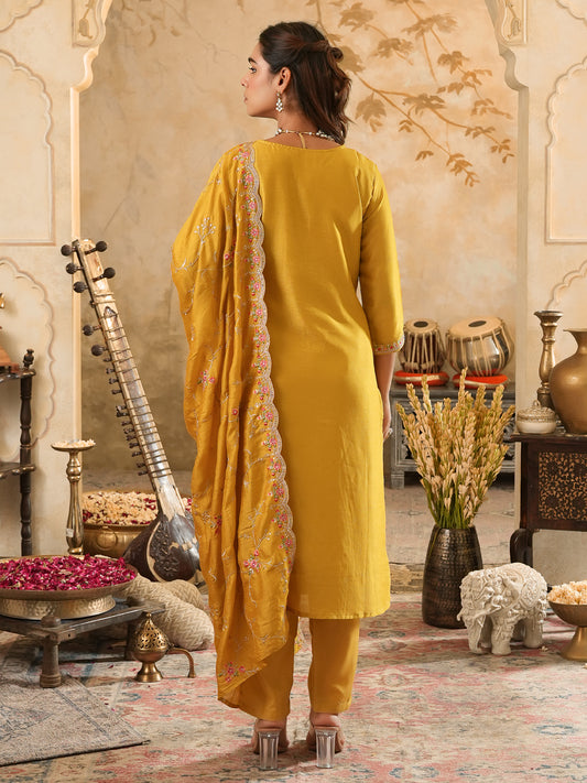 Green Embroidered Straight Kurta Trousers With Dupatta Set