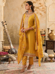 Green Embroidered Straight Kurta Trousers With Dupatta Set