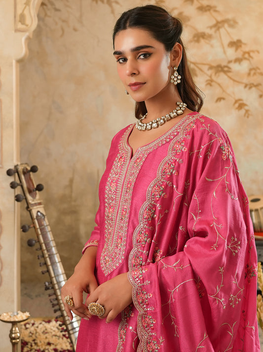 Pink Printed Straight Kurta Trousers With Dupatta set