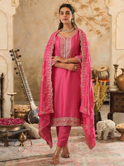 Pink Printed Straight Kurta Trousers With Dupatta set