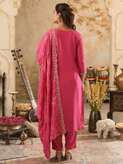 Pink Printed Straight Kurta Trousers With Dupatta set