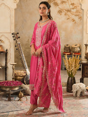 Pink Printed Straight Kurta Trousers With Dupatta set