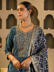 Burgundy Embroidered Straight Kurta Trousers With Dupatta Set