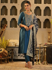 Burgundy Embroidered Straight Kurta Trousers With Dupatta Set