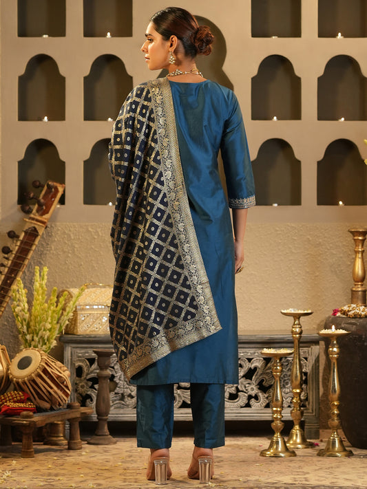 Burgundy Embroidered Straight Kurta Trousers With Dupatta Set