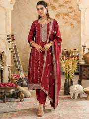 Blue Printed Straight Kurta Trousers With Dupatta Set