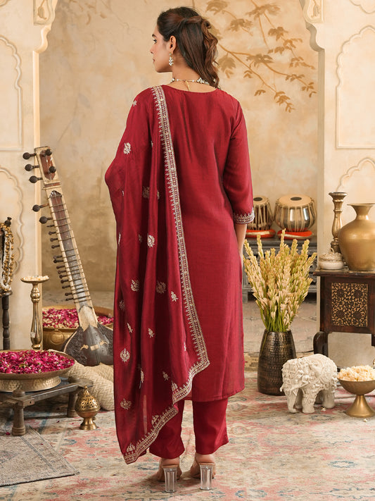 Blue Printed Straight Kurta Trousers With Dupatta Set