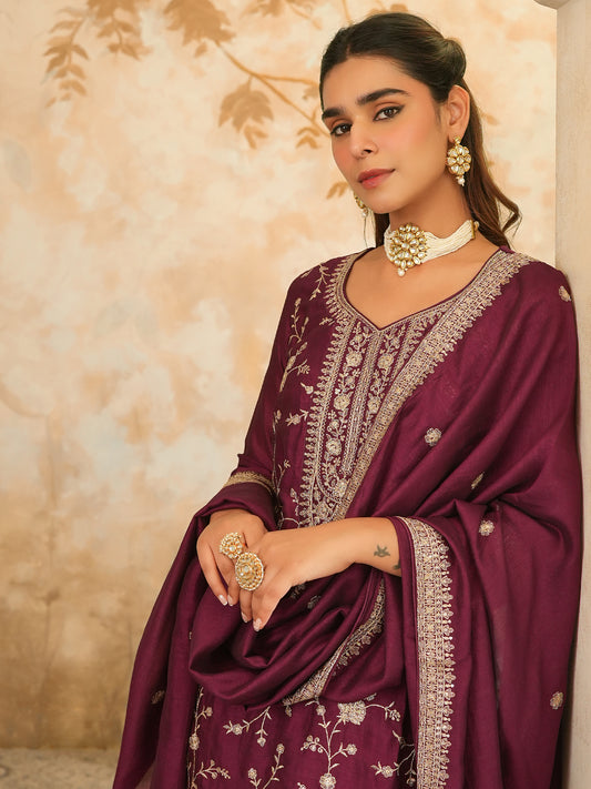 Maroon Printed A-Line Kurta Trousers With Dupatta Set