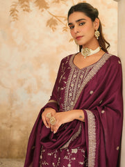 Maroon Printed A-Line Kurta Trousers With Dupatta Set
