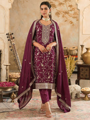 Maroon Printed A-Line Kurta Trousers With Dupatta Set