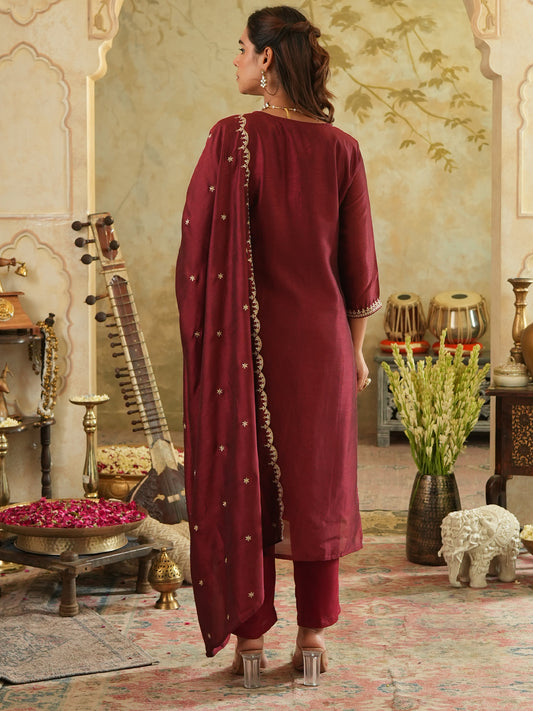 Maroon Printed A-Line Kurta Trousers With Dupatta Set