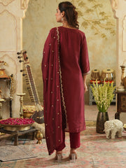 Maroon Printed A-Line Kurta Trousers With Dupatta Set