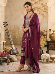 Maroon Printed A-Line Kurta Trousers With Dupatta Set
