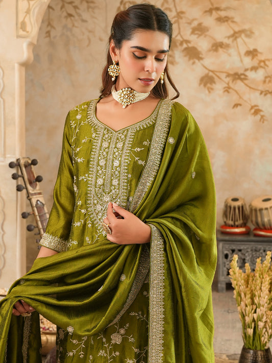 Embroidered Straight Kurta Trousers With Dupatta Set