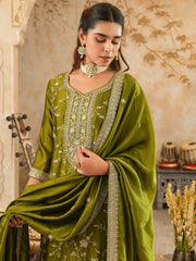 Embroidered Straight Kurta Trousers With Dupatta Set