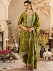 Embroidered Straight Kurta Trousers With Dupatta Set