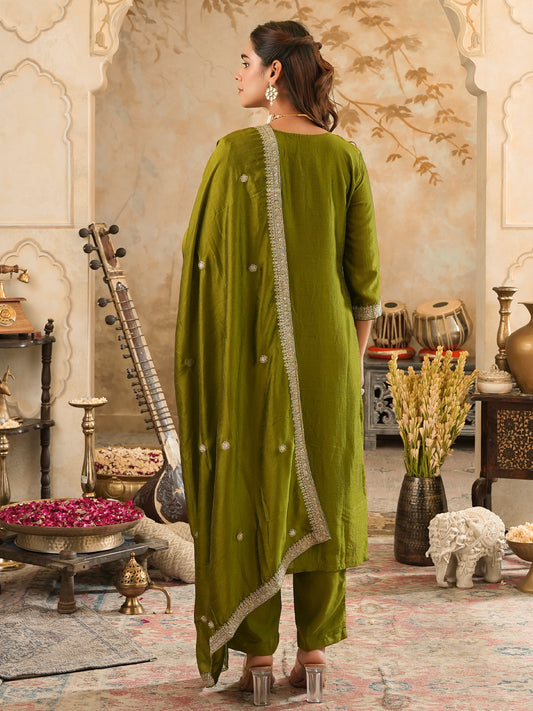 Embroidered Straight Kurta Trousers With Dupatta Set