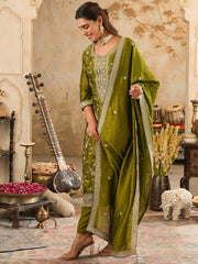 Embroidered Straight Kurta Trousers With Dupatta Set