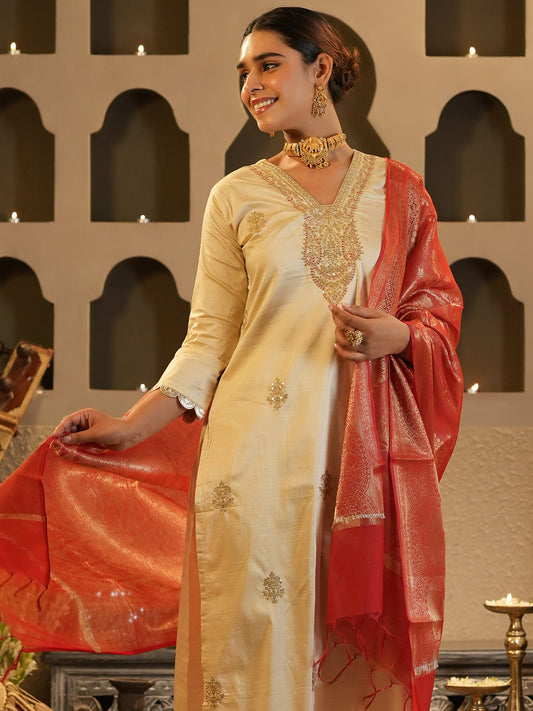 Cream Embroidered Straight Kurta Trousers With Dupatta set