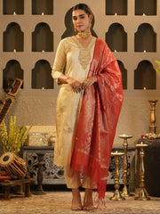 Cream Embroidered Straight Kurta Trousers With Dupatta set