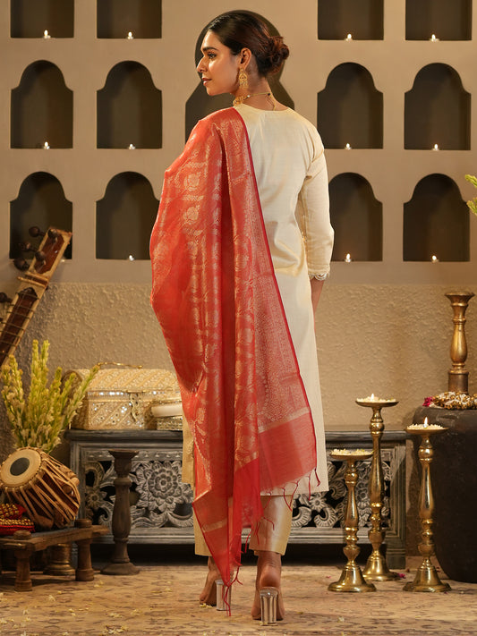 Cream Embroidered Straight Kurta Trousers With Dupatta set