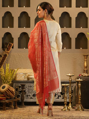 Cream Embroidered Straight Kurta Trousers With Dupatta set